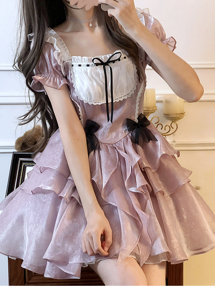 Sweet Lolita Wisteria Organza Ruffles Lolita Dress French Elegant Short Dress Light Lolita Casual Coord