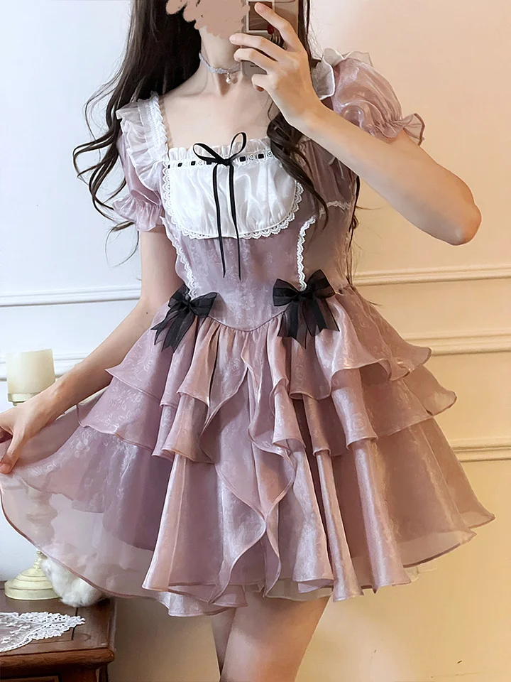 Sweet Lolita Wisteria Organza Ruffles Lolita Dress French Elegant Short Dress Light Lolita Casual Coord