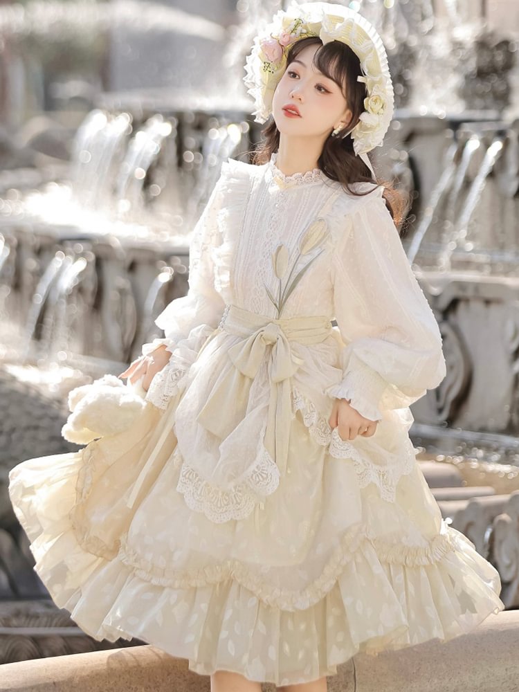 Sweet Lolita Yellow Tulip Dress Classic Lace Elegant Long Sleeve Dress OP