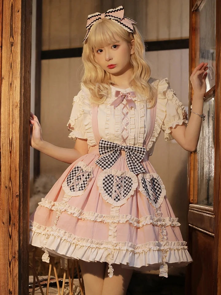 Sweet Lolita and Cute Daily Skirt Pink Print Lolita Strap Skirt Lolita Inside Lolita Dresses Blouse Shirt