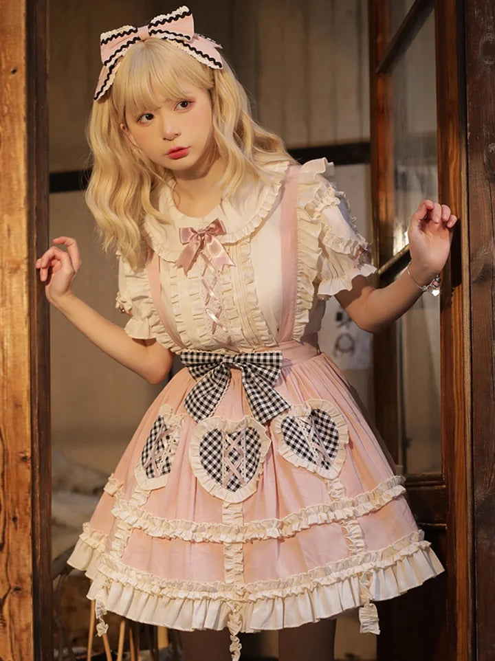 Sweet Lolita and Cute Daily Skirt Pink Print Lolita Strap Skirt Lolita Inside Lolita Dresses Blouse Shirt