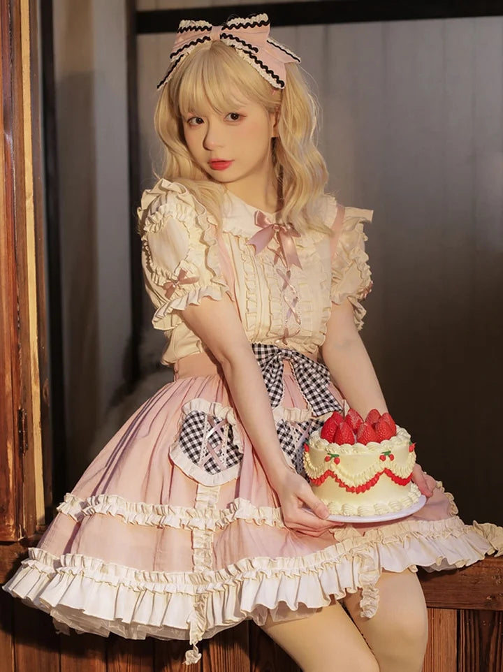 Sweet Lolita and Cute Daily Skirt Pink Print Lolita Strap Skirt Lolita Inside Lolita Dresses Blouse Shirt
