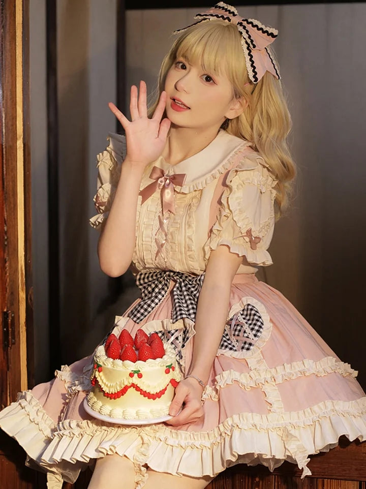 Sweet Lolita and Cute Daily Skirt Pink Print Lolita Strap Skirt Lolita Inside Lolita Dresses Blouse Shirt