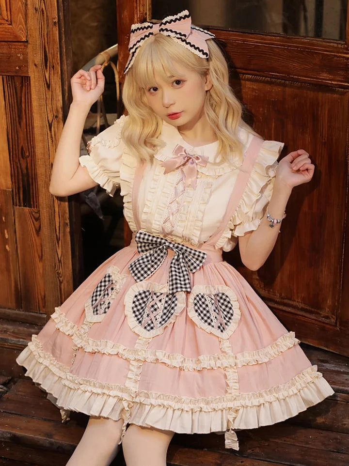 Sweet Lolita and Cute Daily Skirt Pink Print Lolita Strap Skirt Lolita Inside Lolita Dresses Blouse Shirt
