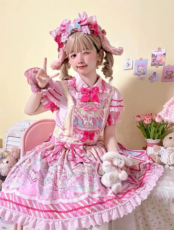 Sweet Pink Lolita Cotton Dress Candy Girl Amusement Park Dress Kawaii Outfit Blouse Headdress