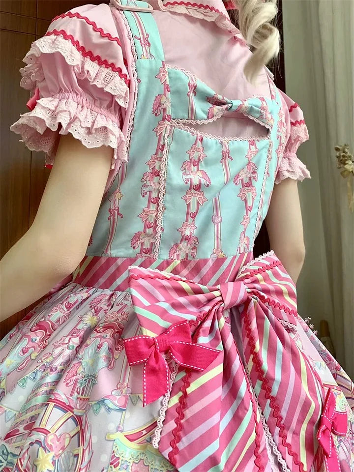 Sweet Pink Lolita Cotton Dress Candy Girl Amusement Park Dress Kawaii Outfit Blouse Headdress