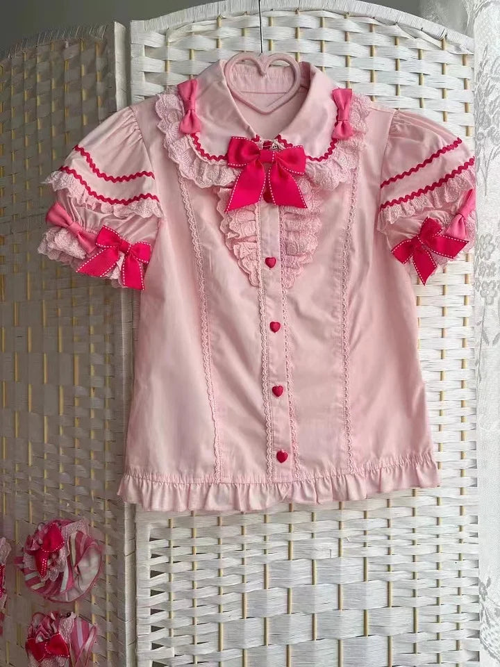 Sweet Pink Lolita Cotton Dress Candy Girl Amusement Park Dress Kawaii Outfit Blouse Headdress