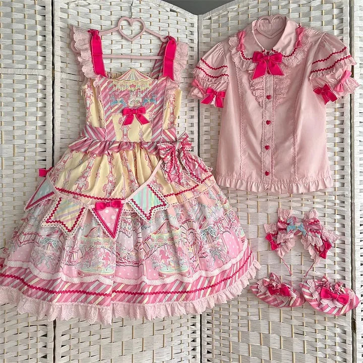 Sweet Pink Lolita Cotton Dress Candy Girl Amusement Park Dress Kawaii Outfit Blouse Headdress