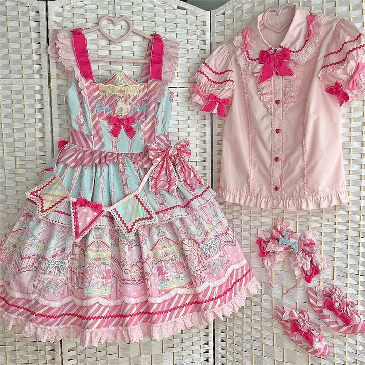 Sweet Pink Lolita Cotton Dress Candy Girl Amusement Park Dress Kawaii Outfit Blouse Headdress