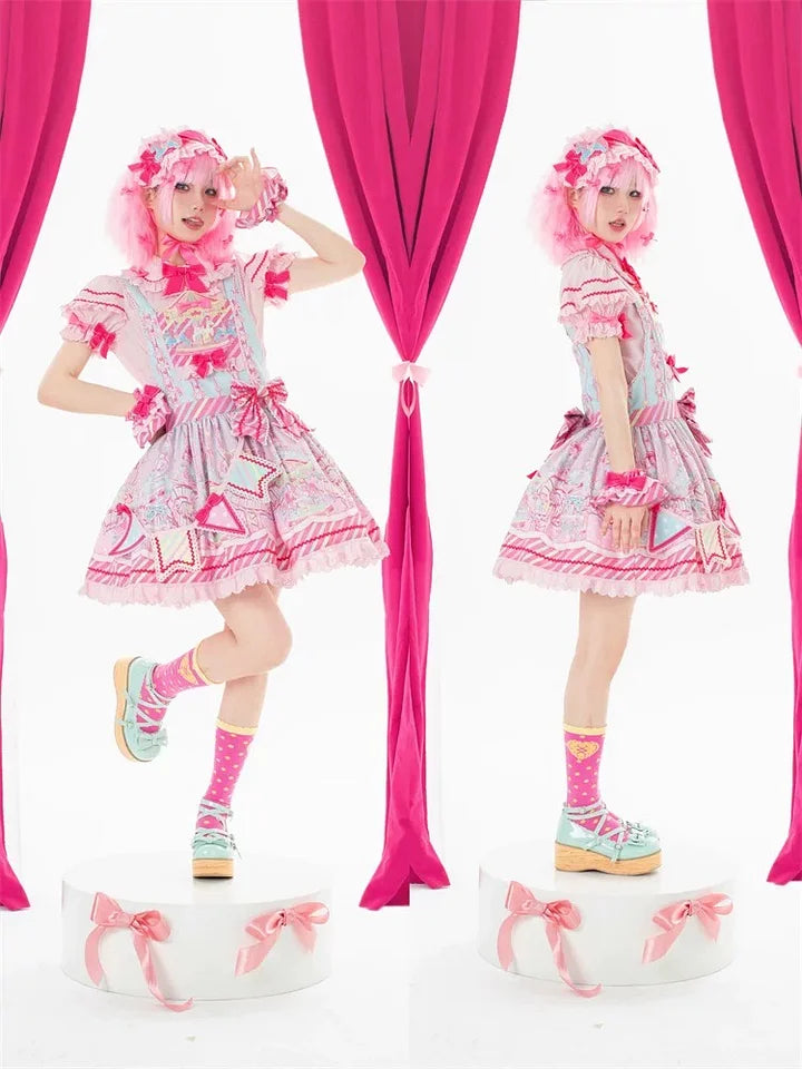 Sweet Pink Lolita Cotton Dress Candy Girl Amusement Park Dress Kawaii Outfit Blouse Headdress