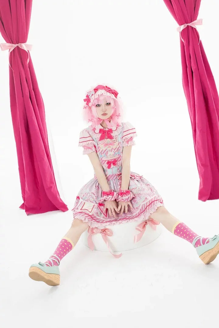 Sweet Pink Lolita Cotton Dress Candy Girl Amusement Park Dress Kawaii Outfit Blouse Headdress