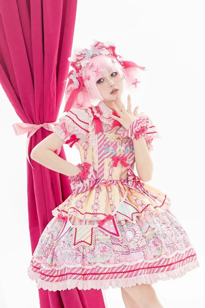 Sweet Pink Lolita Cotton Dress Candy Girl Amusement Park Dress Kawaii Outfit Blouse Headdress