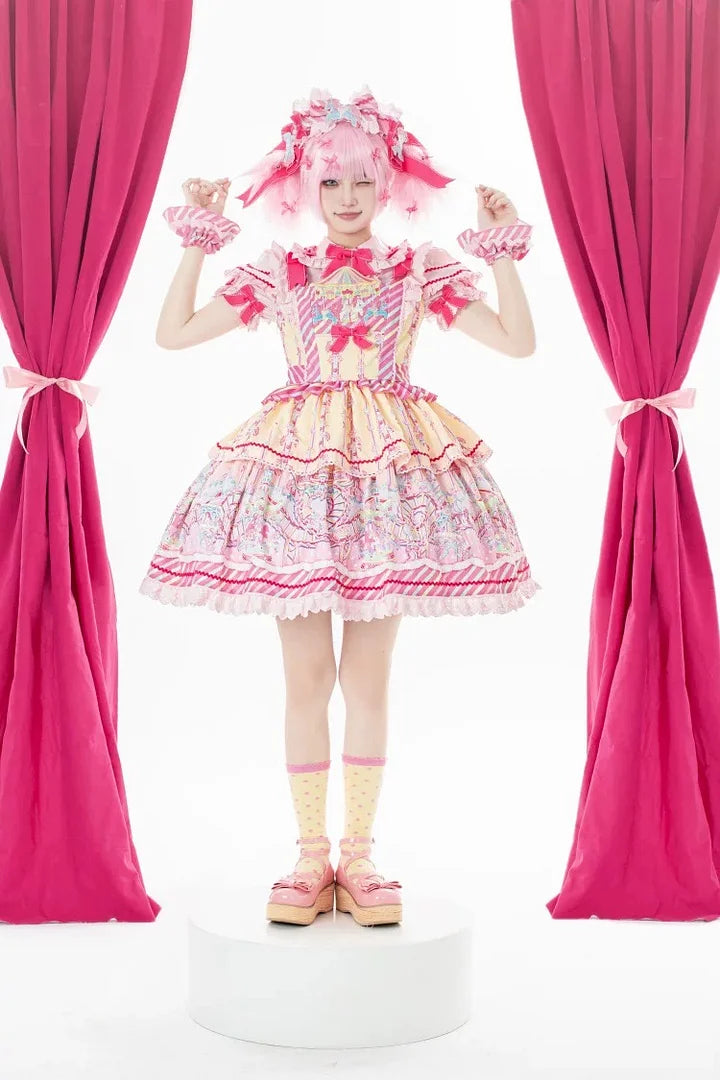Sweet Pink Lolita Cotton Dress Candy Girl Amusement Park Dress Kawaii Outfit Blouse Headdress