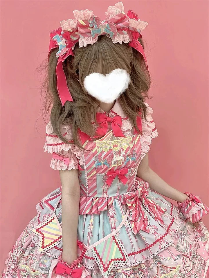 Sweet Pink Lolita Cotton Dress Candy Girl Amusement Park Dress Kawaii Outfit Blouse Headdress