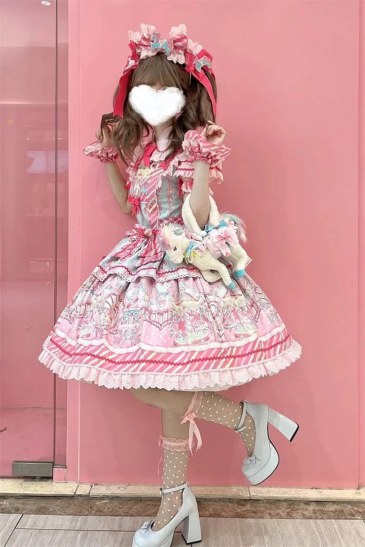 Sweet Pink Lolita Cotton Dress Candy Girl Amusement Park Dress Kawaii Outfit Blouse Headdress