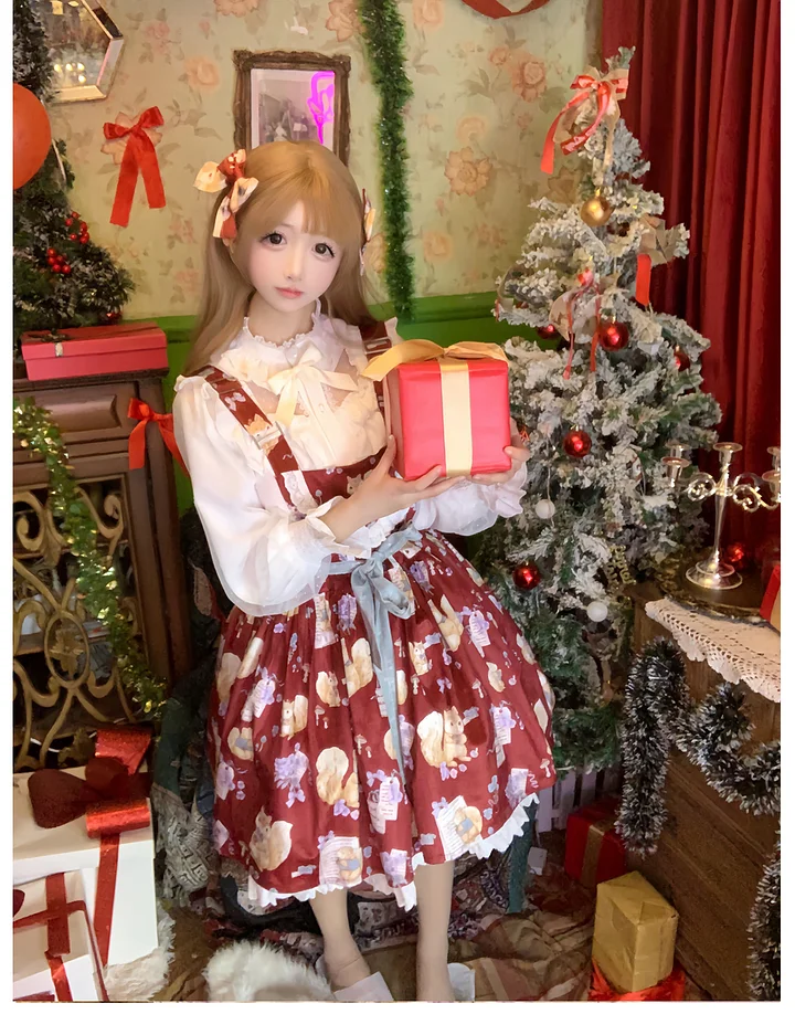 Sweet Print Red Strap Dress Lolita Cute Dress Christmas