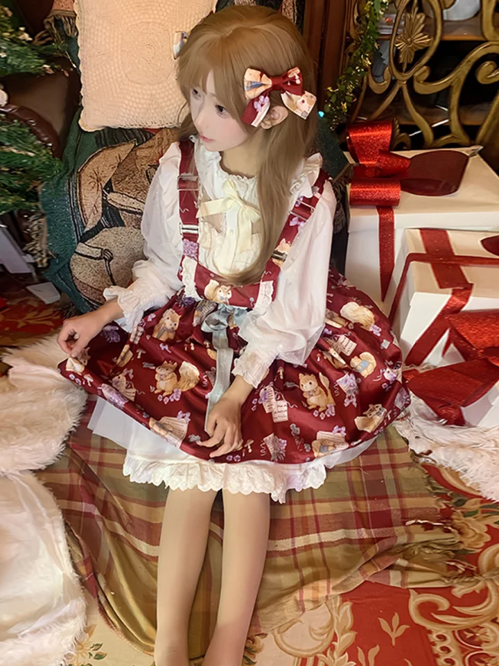 Sweet Print Red Strap Dress Lolita Cute Dress Christmas