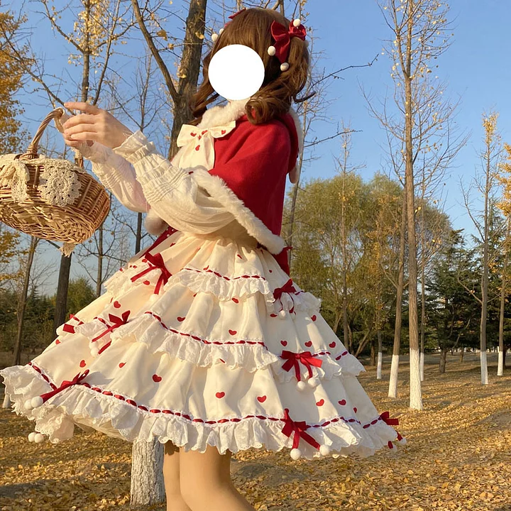 Sweet Red Plush Cape Lolita Dress Ruffled Cute Christmas Dress