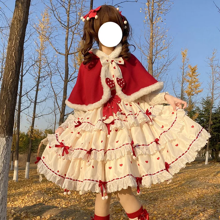 Sweet Red Plush Cape Lolita Dress Ruffled Cute Christmas Dress
