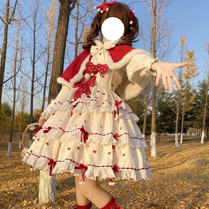 Sweet Red Plush Cape Lolita Dress Ruffled Cute Christmas Dress