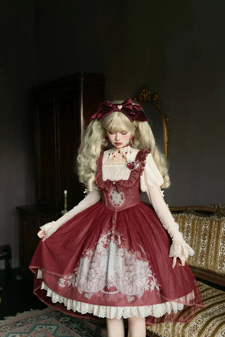 Sweet Vintage Lolita Dress Rabbit Red Gigot Sleeve Blouse Princess Dress in Fall