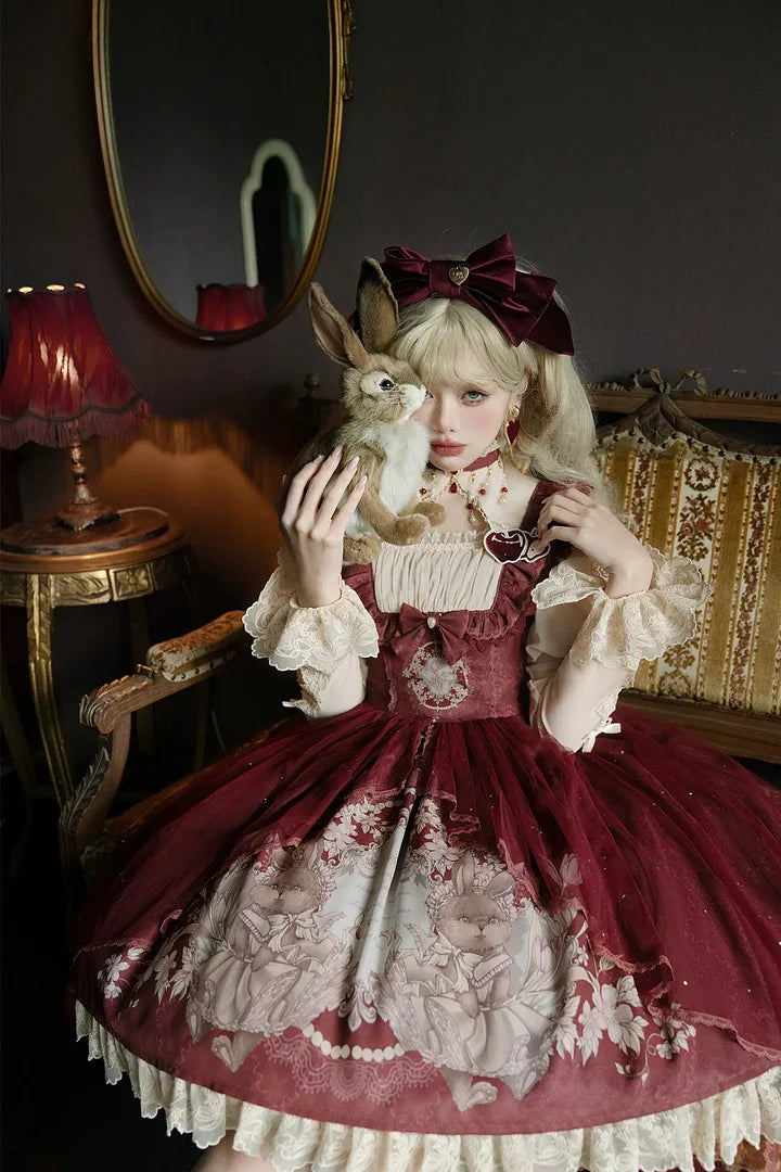 Sweet Vintage Lolita Dress Rabbit Red Gigot Sleeve Blouse Princess Dress in Fall