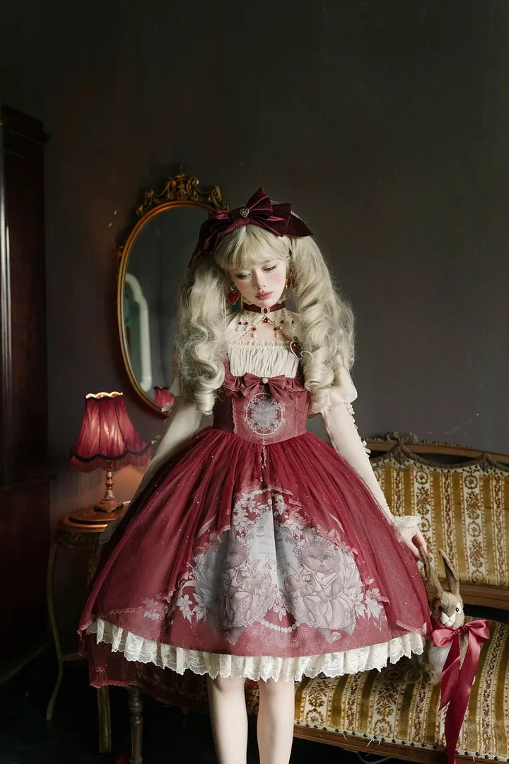 Sweet Vintage Lolita Dress Rabbit Red Gigot Sleeve Blouse Princess Dress in Fall