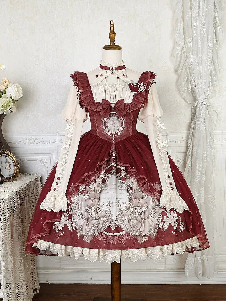 Sweet Vintage Lolita Dress Rabbit Red Gigot Sleeve Blouse Princess Dress in Fall