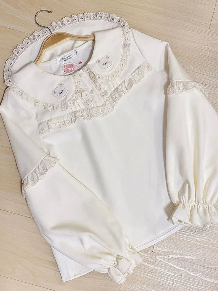 Sweet White Apricot Lolita Long-sleeved Shirt with Cute Lace Collar Embroidered Bear Blouse