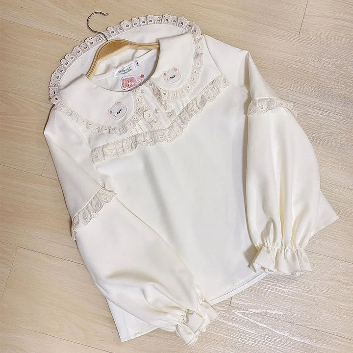 Sweet White Apricot Lolita Long-sleeved Shirt with Cute Lace Collar Embroidered Bear Blouse