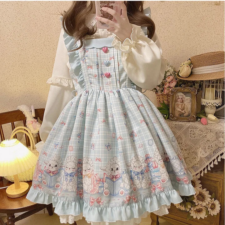 Sweet White Apricot Lolita Long-sleeved Shirt with Cute Lace Collar Embroidered Bear Blouse