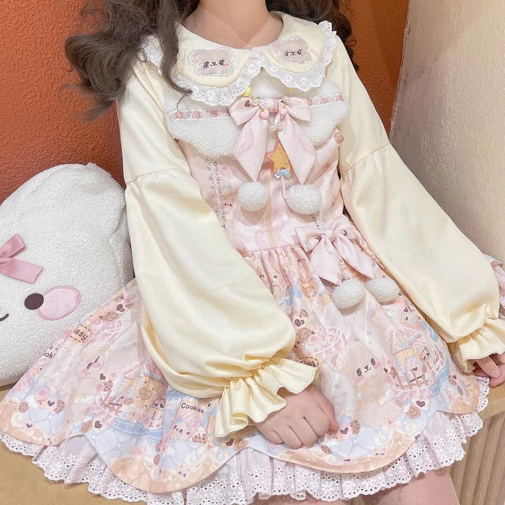 Sweet White Apricot Lolita Long-sleeved Shirt with Cute Lace Collar Embroidered Bear Blouse