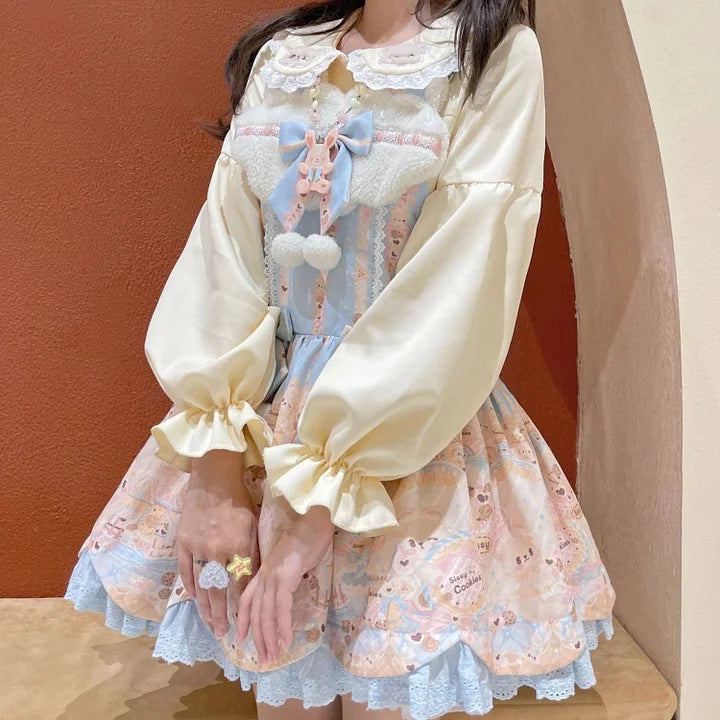 Sweet White Apricot Lolita Long-sleeved Shirt with Cute Lace Collar Embroidered Bear Blouse