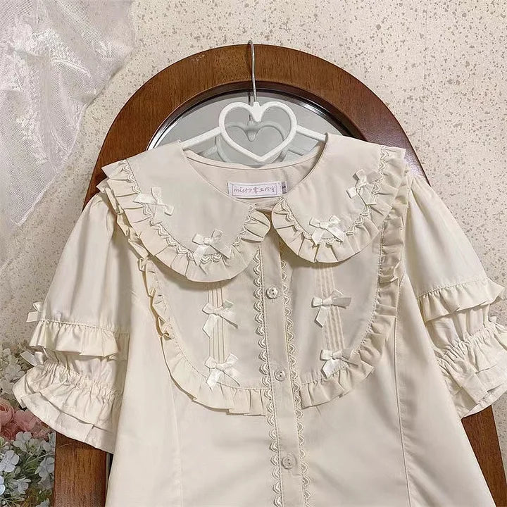 Sweet White Short Sleeve with Shirt Lolita Lace Lined Bubble Sleeve Short Sleeve Blouse