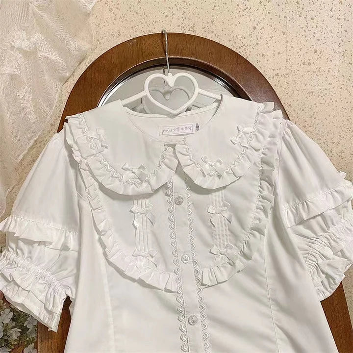 Sweet White Short Sleeve with Shirt Lolita Lace Lined Bubble Sleeve Short Sleeve Blouse
