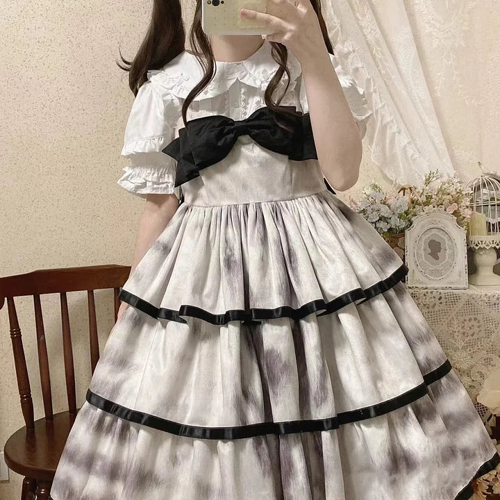 Sweet White Short Sleeve with Shirt Lolita Lace Lined Bubble Sleeve Short Sleeve Blouse
