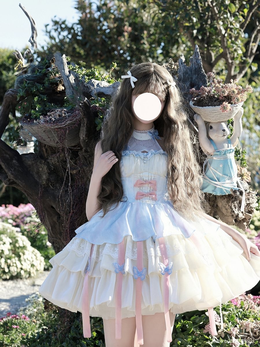 Sweet and Cute Apricot Blue Fairy Neck Sling Lolita Spring and Summer Layer Cake Puffy Dress
