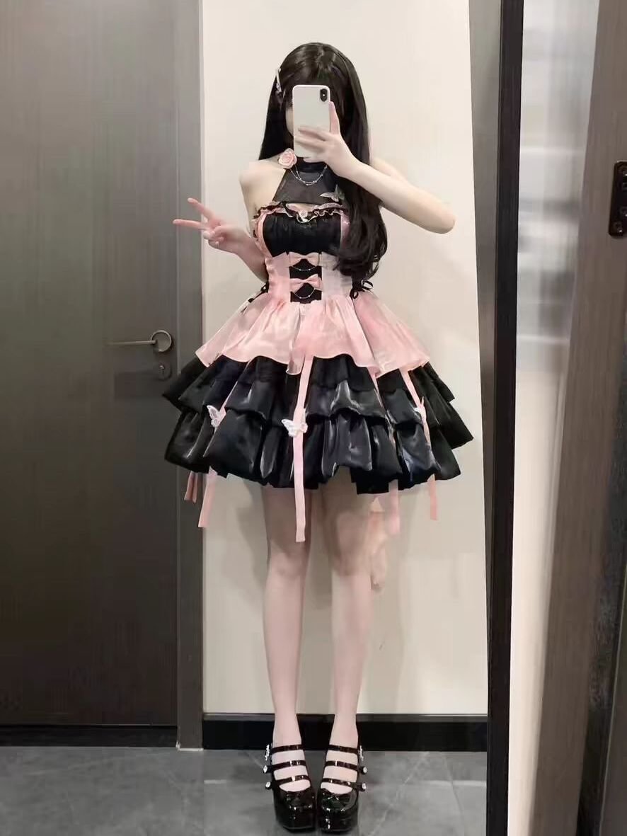 Sweet and Cute Apricot Blue Fairy Neck Sling Lolita Spring and Summer Layer Cake Puffy Dress