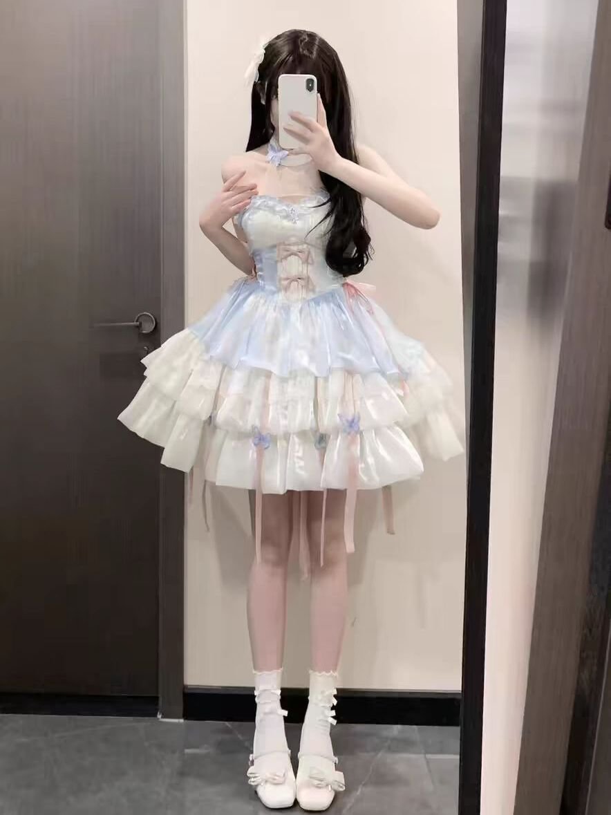 Sweet and Cute Apricot Blue Fairy Neck Sling Lolita Spring and Summer Layer Cake Puffy Dress