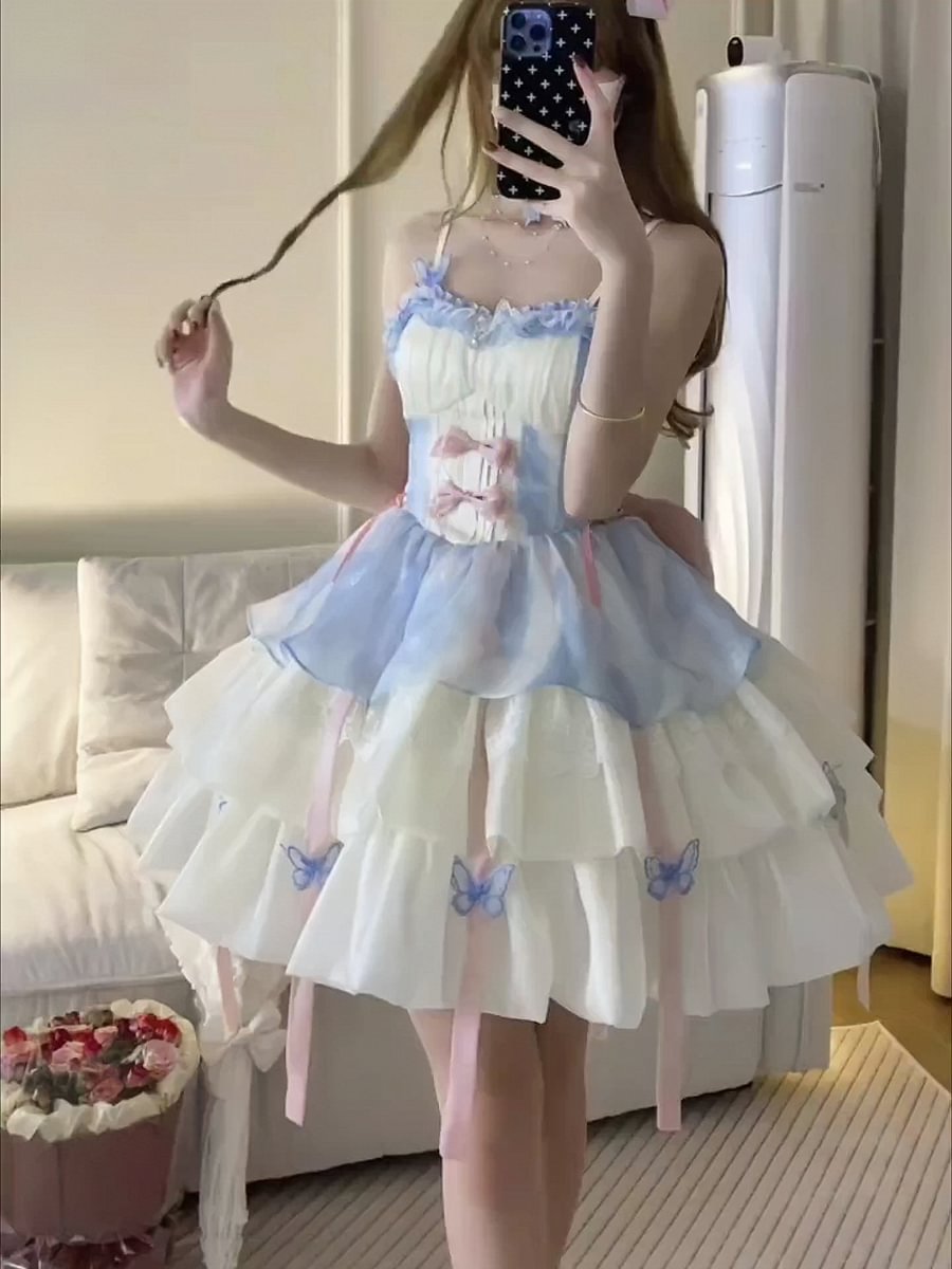 Sweet and Cute Apricot Blue Fairy Neck Sling Lolita Spring and Summer Layer Cake Puffy Dress
