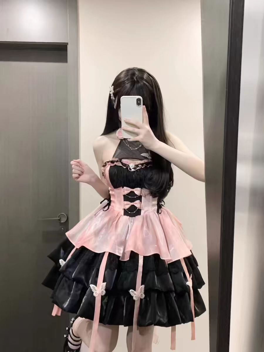 Sweet and Cute Apricot Blue Fairy Neck Sling Lolita Spring and Summer Layer Cake Puffy Dress