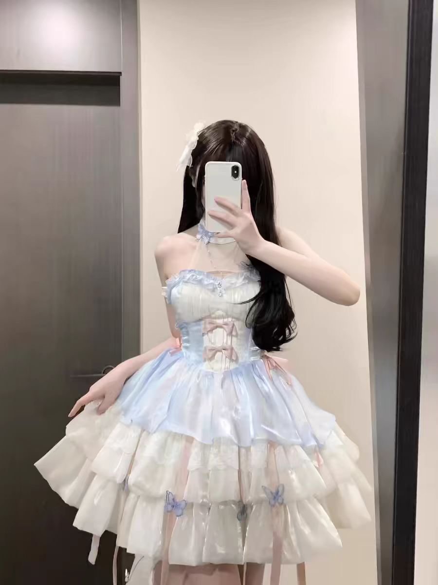 Sweet and Cute Apricot Blue Fairy Neck Sling Lolita Spring and Summer Layer Cake Puffy Dress