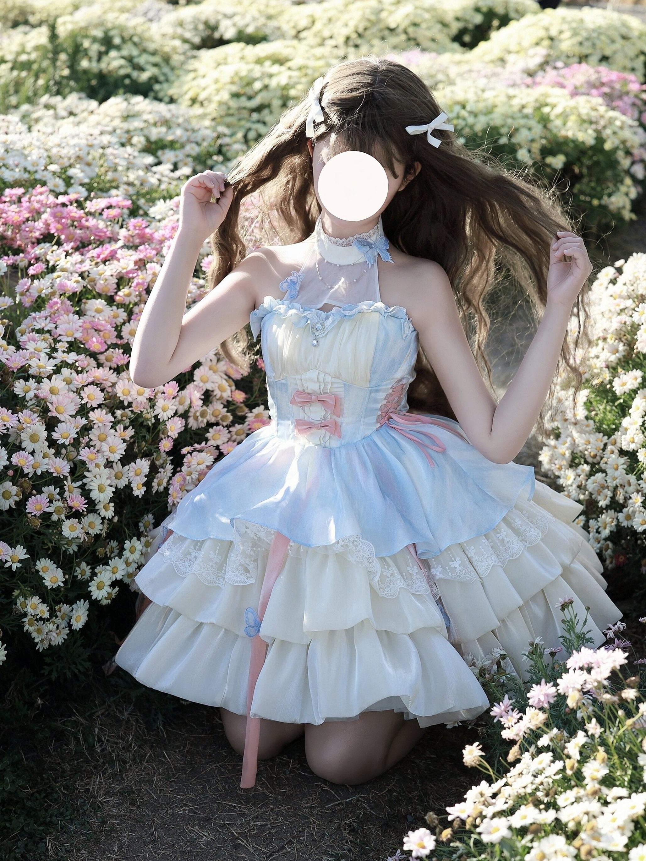 Sweet and Cute Apricot Blue Fairy Neck Sling Lolita Spring and Summer Layer Cake Puffy Dress