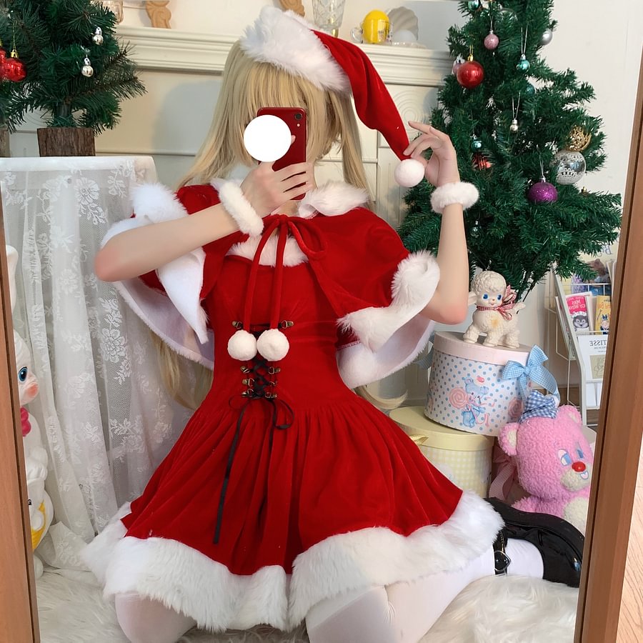 Sweet and Cute Red Christmas Dress Lolita Two-piece Suit Plush Dress Cape Christmas Hat