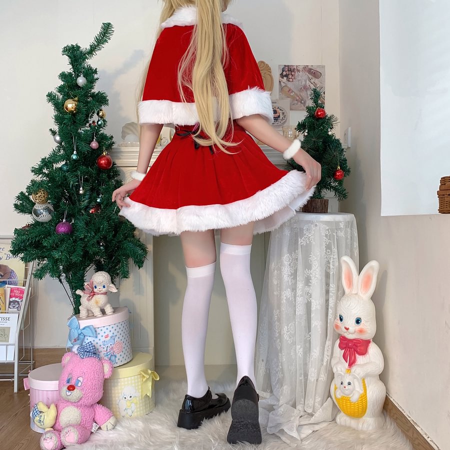 Sweet and Cute Red Christmas Dress Lolita Two-piece Suit Plush Dress Cape Christmas Hat