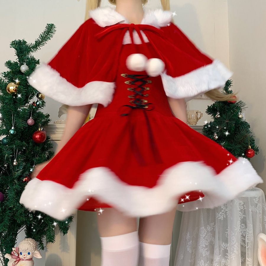 Sweet and Cute Red Christmas Dress Lolita Two-piece Suit Plush Dress Cape Christmas Hat