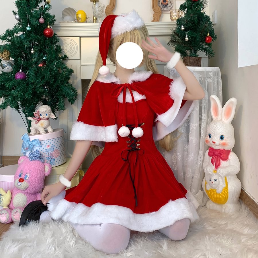 Sweet and Cute Red Christmas Dress Lolita Two-piece Suit Plush Dress Cape Christmas Hat