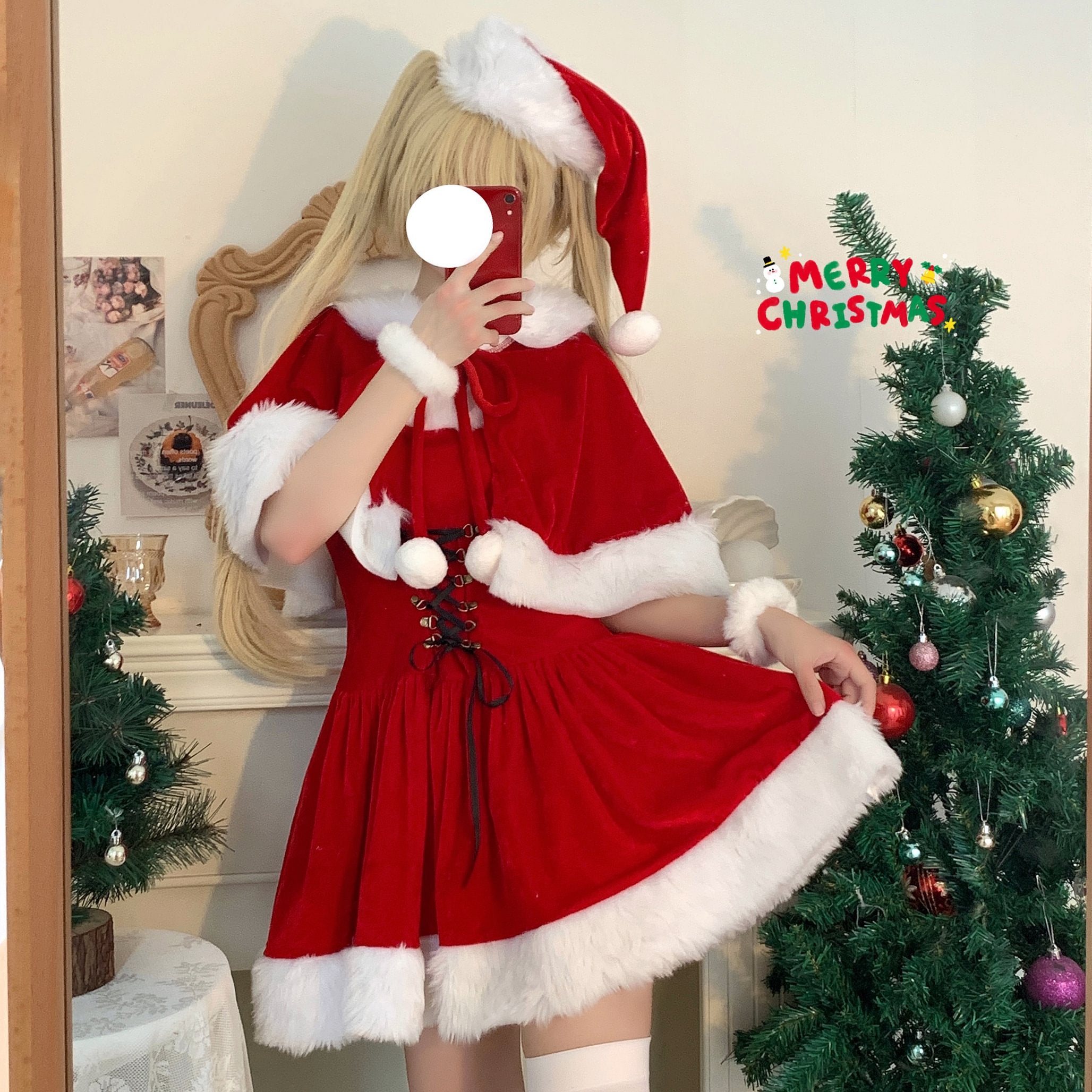 Sweet and Cute Red Christmas Dress Lolita Two-piece Suit Plush Dress Cape Christmas Hat