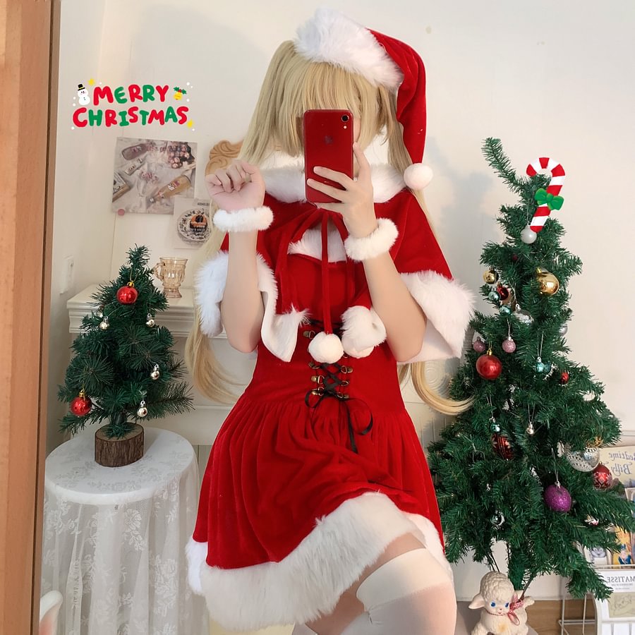 Sweet and Cute Red Christmas Dress Lolita Two-piece Suit Plush Dress Cape Christmas Hat