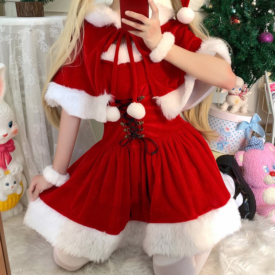 Sweet and Cute Red Christmas Dress Lolita Two-piece Suit Plush Dress Cape Christmas Hat